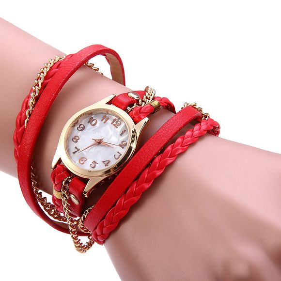 Femmes Vintage Weave Wrap Bracelet en cuir Montre - Rouge 