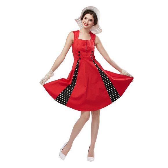 Vieux classique Style U Neck Polka Dot Imprimer Femmes A-ligne robe de robe de bal - Rouge 4XL