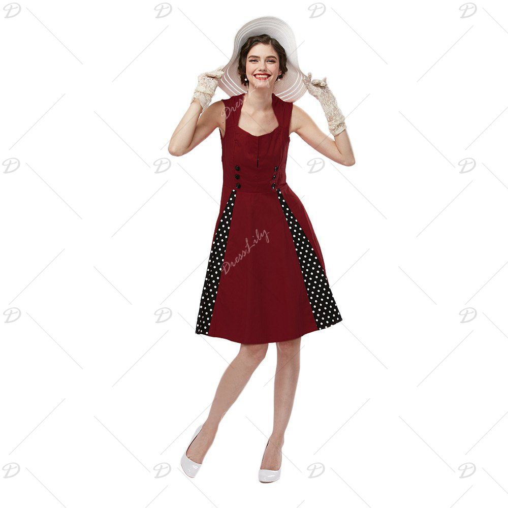 

Old Classical Style U Neck Polka Dot Print Women A-Line Ball Gown Dress, Wine red