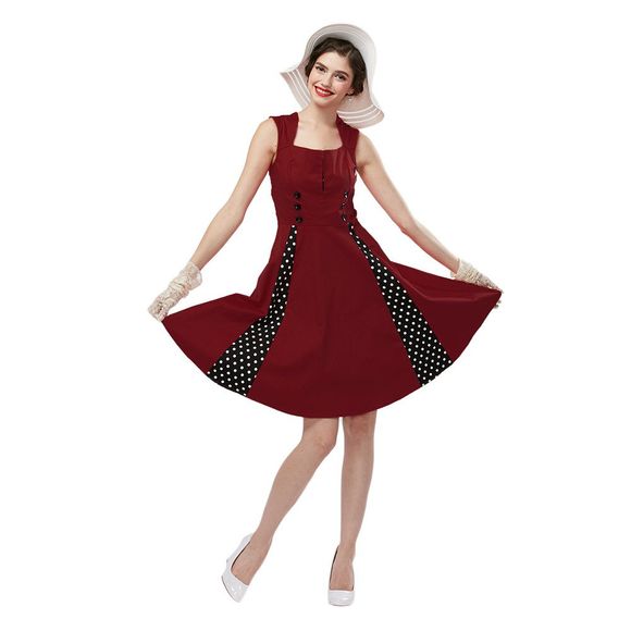 Vieux classique Style U Neck Polka Dot Imprimer Femmes A-ligne robe de robe de bal - Rouge vineux 3XL