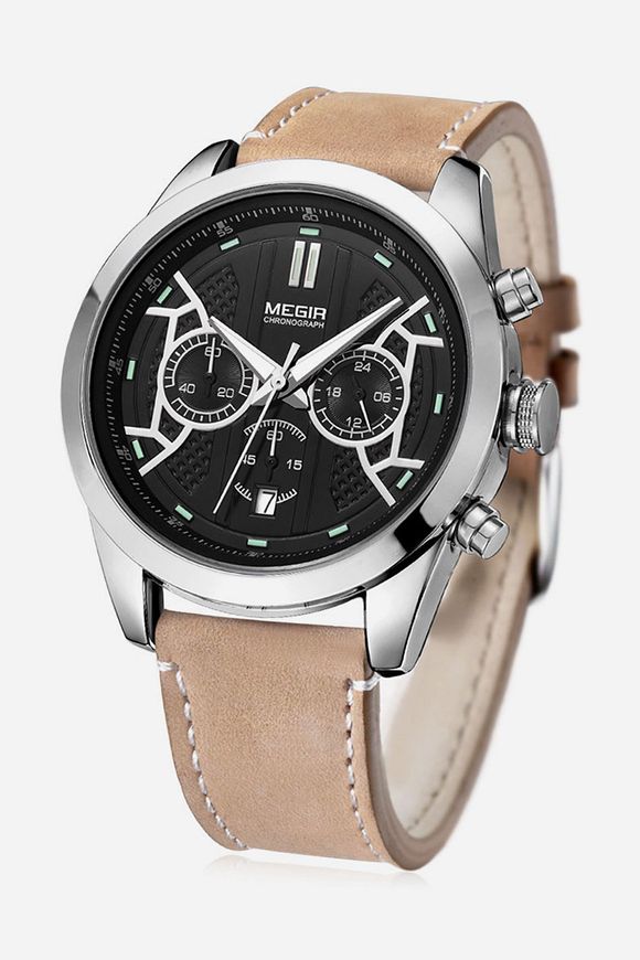 MEGIR 3016 montre à quartz homme chronographe 24 heures montre bracelet - Argent 