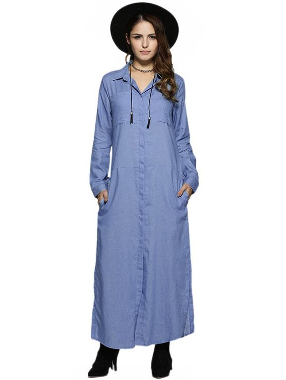 Robe Longue Fendue en Couleur Unie pour Femme - Bleu Glacé 2XL