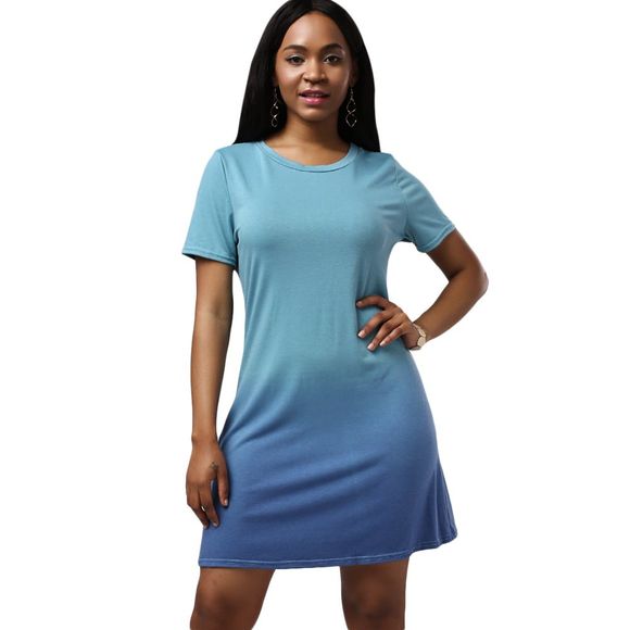 Short Sleeve Gradient Color T-Shirt Dress - Bleu XL