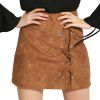 Trendy High Waist Criss Cross Lace-up Zipper Suede Women Mini Skirt - Kaki S