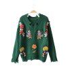 Trendy V Neck Long Sleeve Floral Embroidery Ripped Knitted Women Sweater - Vert ONE SIZE(FIT SIZE XS TO M)