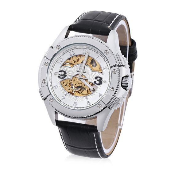 Gucamel G016 Men Auto montre mécanique horloge creuse montre cuir bracelet en cuir - Noir Bande de cuir / Or Affichage / Cadran Blanc 