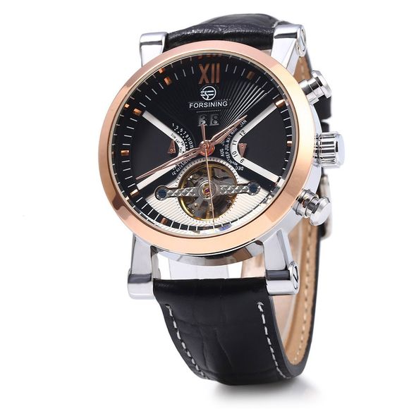 Bracelet en cuir mécanique automatique de montre de Tourbillon masculin de Forsining avec l'affichage de date - Noir et Or 