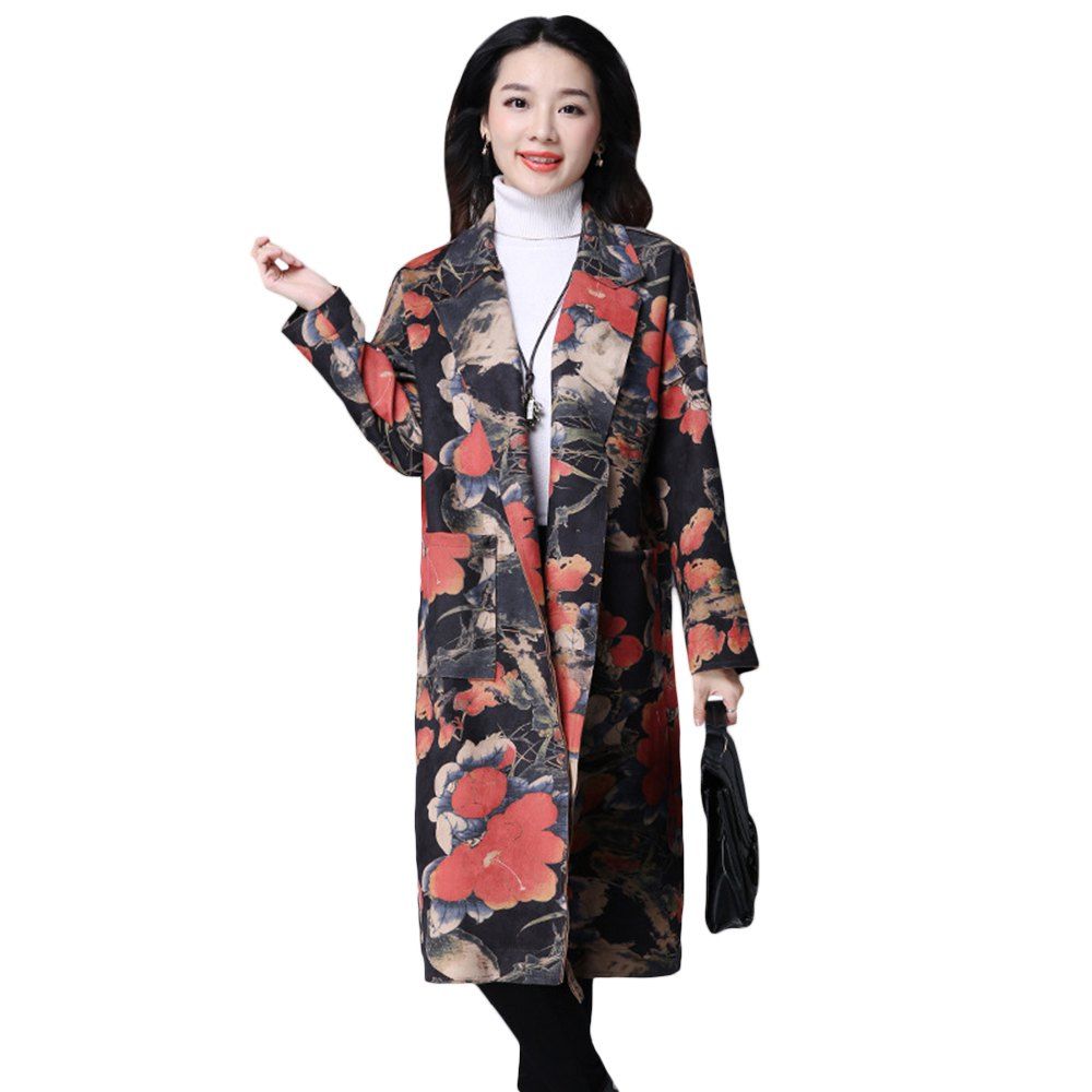 

Trendy Lapel Long Sleeve Printed Suede Women Trench Coat, Black red