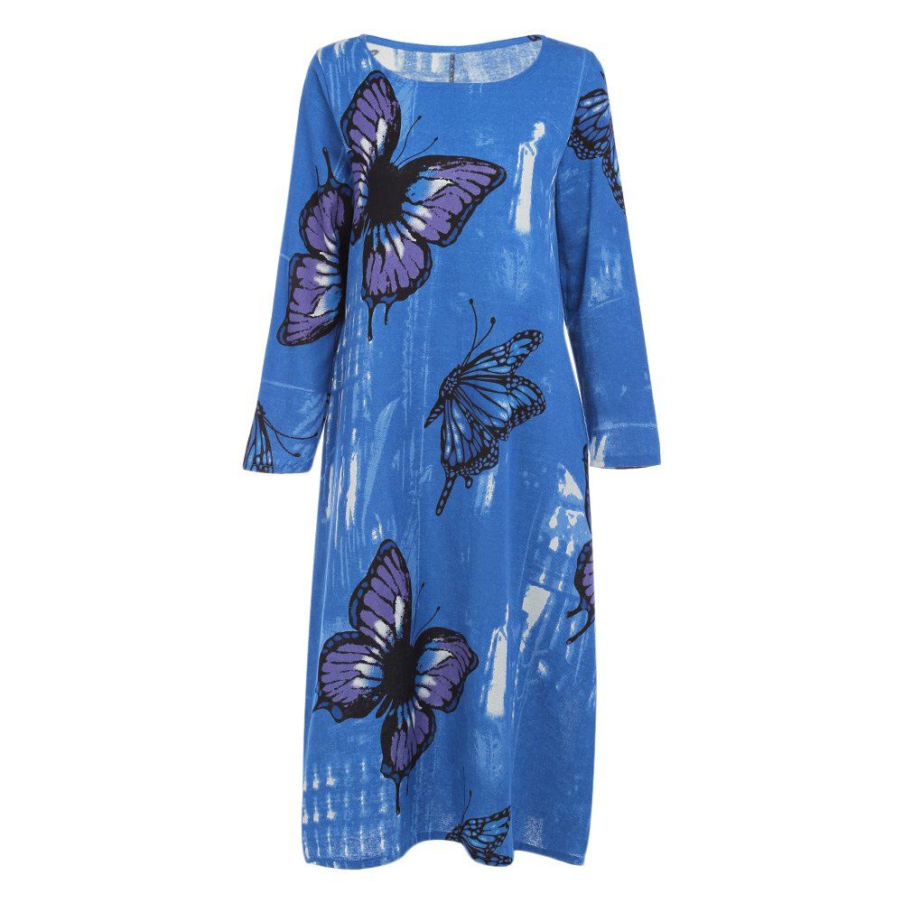 

Trendy Round Collar Long Sleeve Butterfly Print Pocket Women Dress, Blue