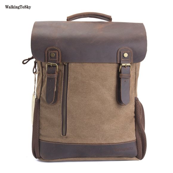 WalkingToSky Hommes Vintage en cuir sacs à dos en toile Adolescents école sac à dos pour Outdoor Travel Daypack - Kaki 
