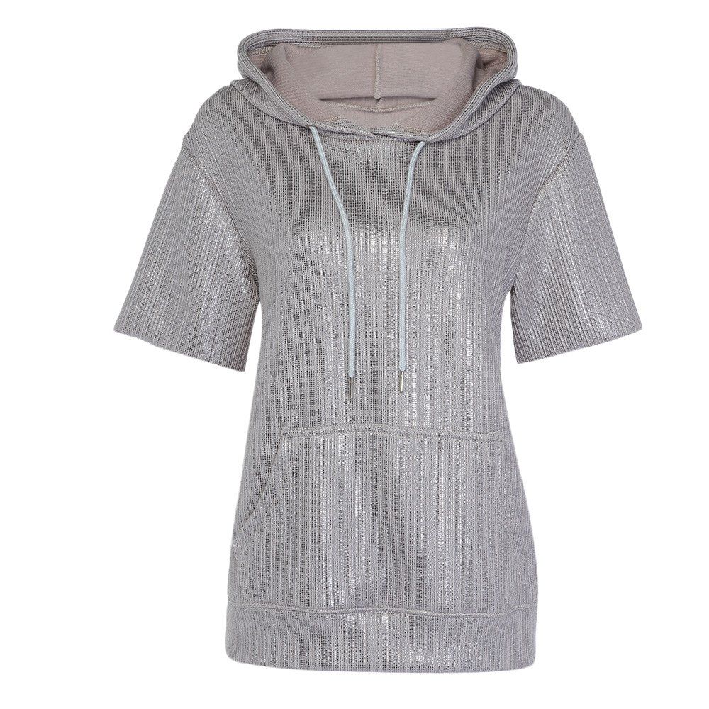 

Trendy Hooded Short Sleeve Pocket Gloss Sliver Women Hoodie, Silver