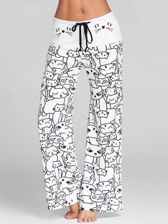 Pantalon Long à Jambes Larges Imprimé Chat à Taille Mi-haut avec Cordon - Blanc 2XL