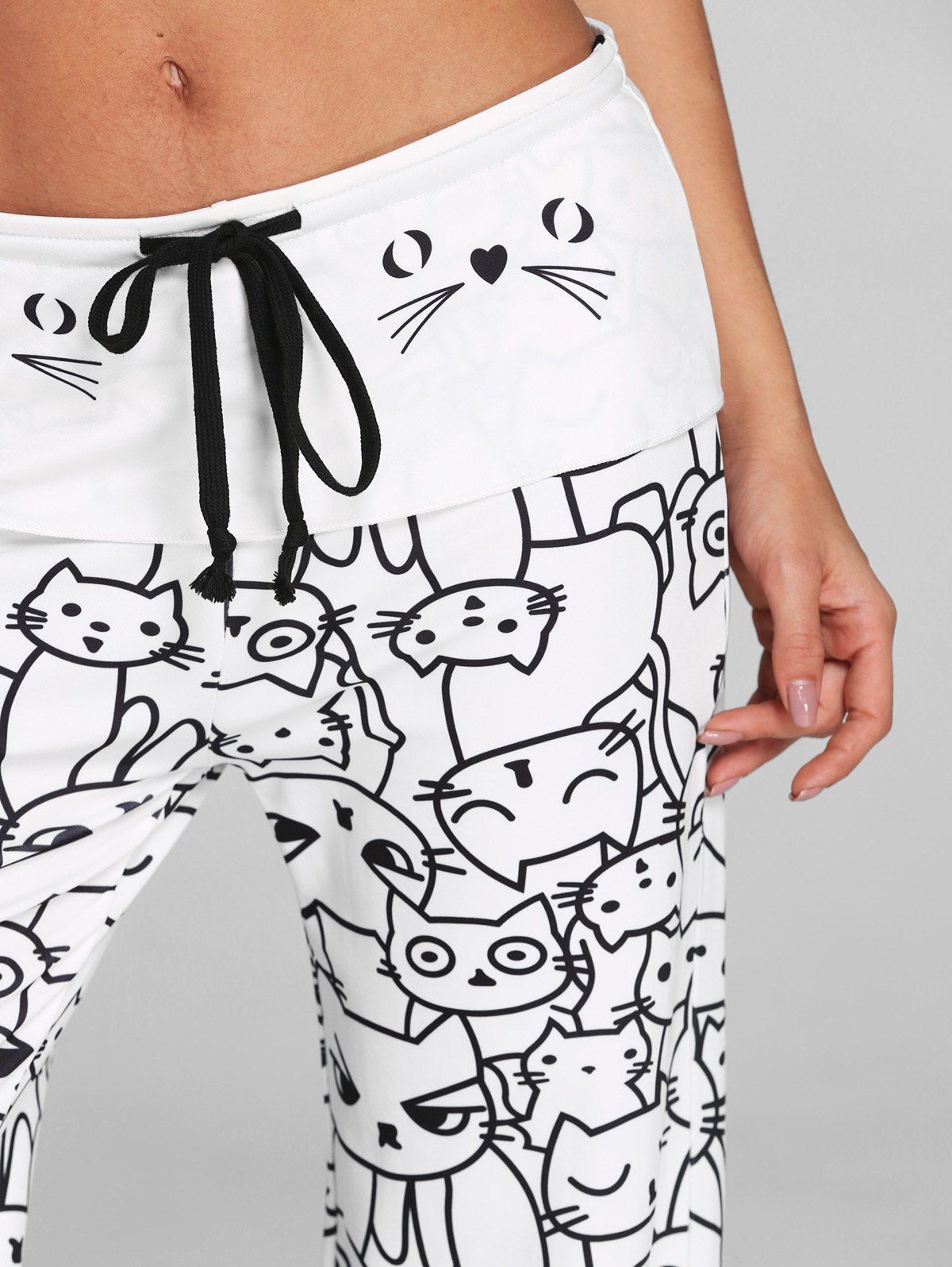 2018 Trendy Mid Waist Cat Print Wideleg Drawstring Women Long Pants