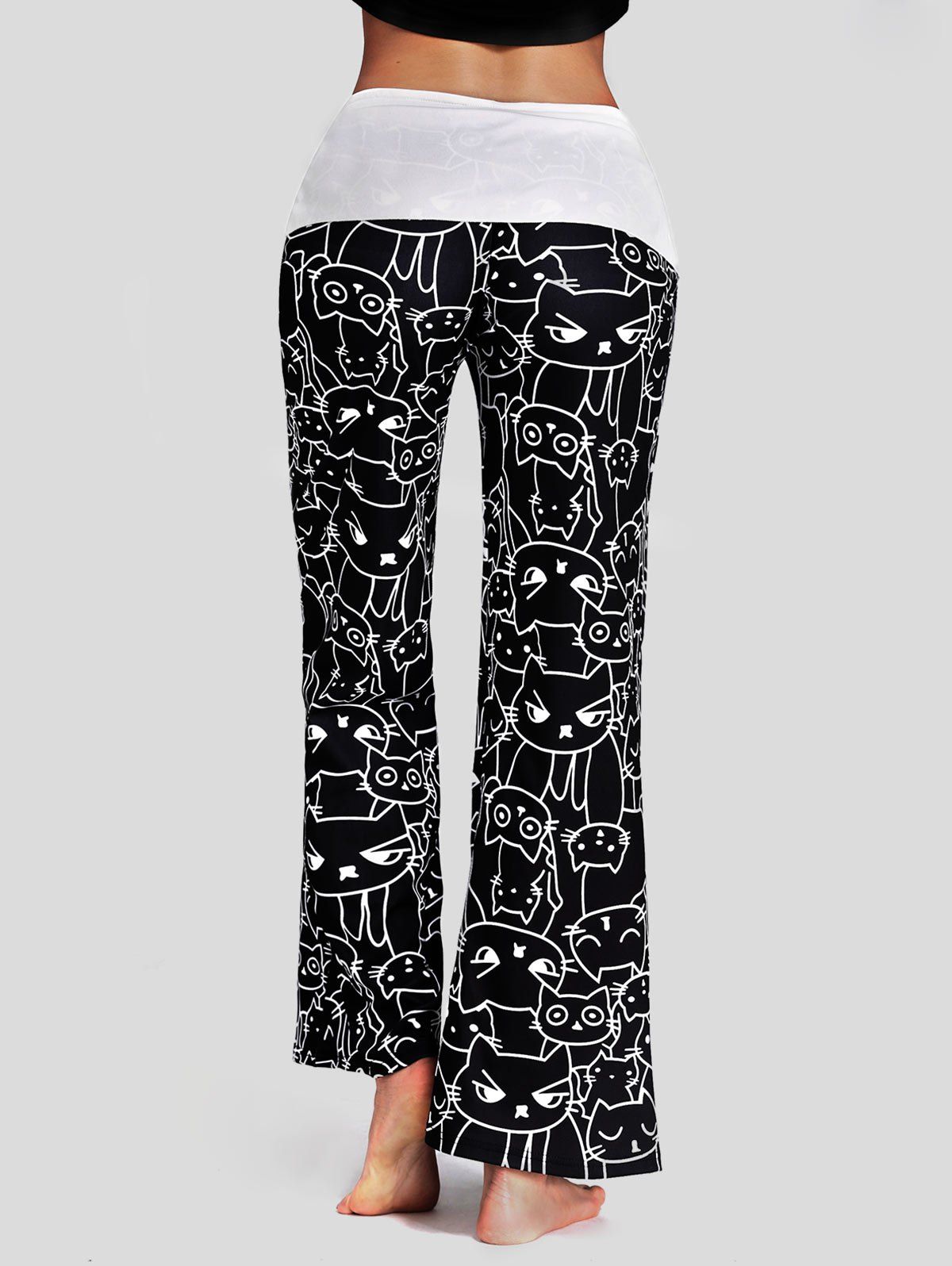 2018 Trendy Mid Waist Cat Print Wideleg Drawstring Women Long Pants