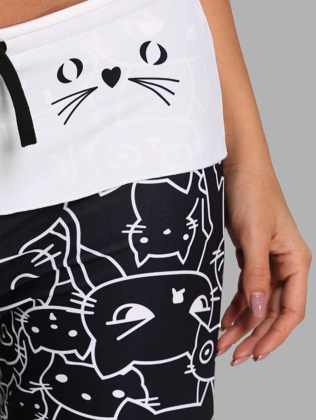 2018 Trendy Mid Waist Cat Print Wideleg Drawstring Women Long Pants