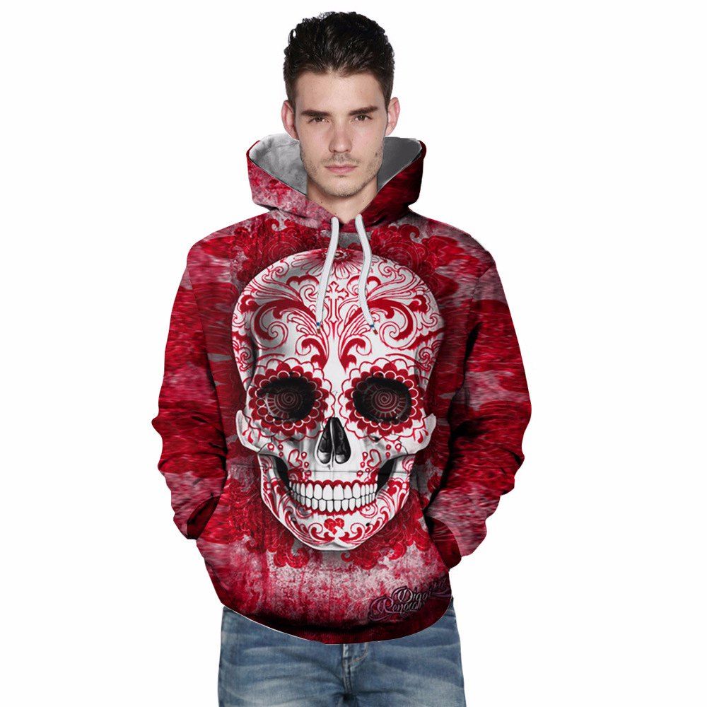 

3D Digital Skull Print Pullover Hoodie, Red