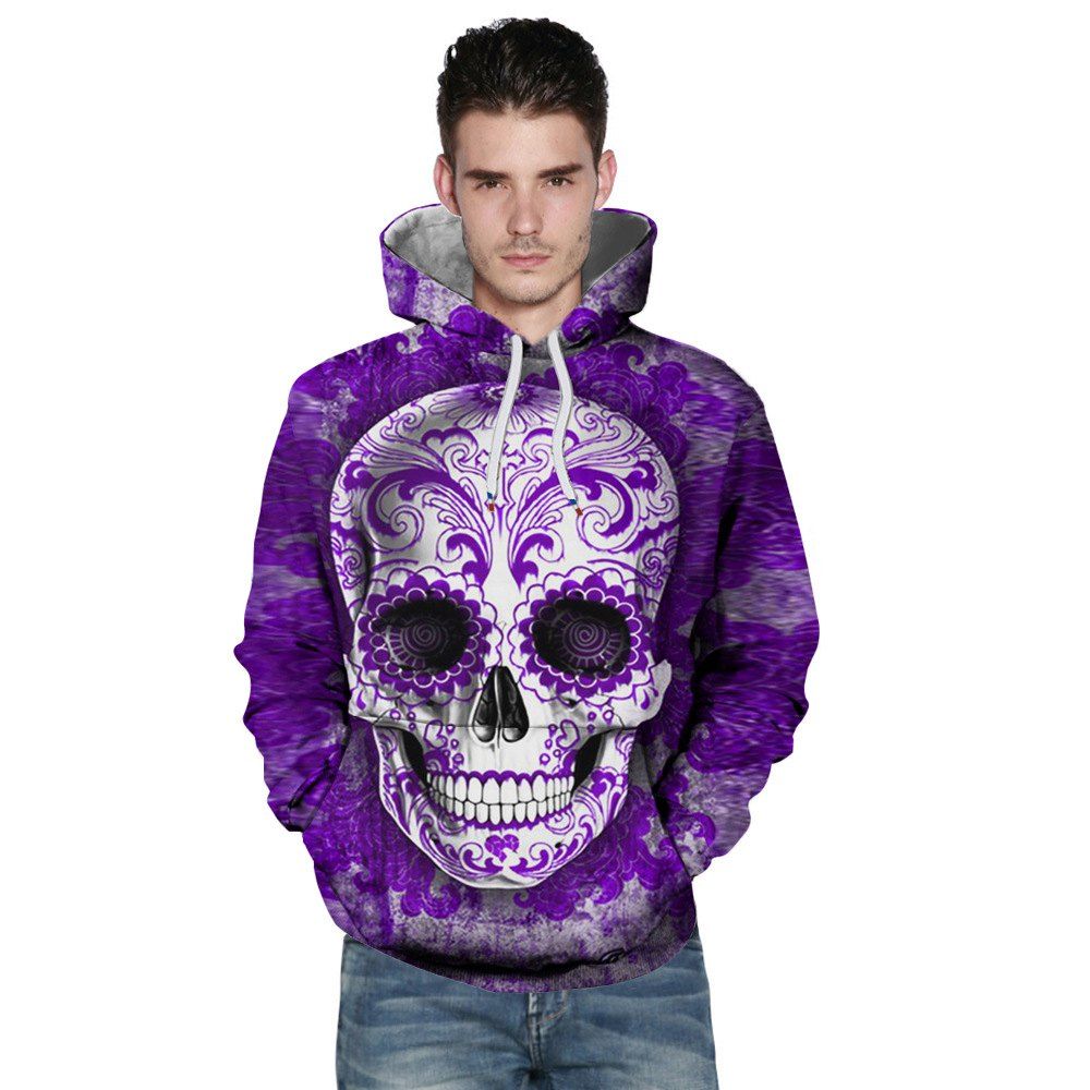

3D Digital Skull Print Pullover Hoodie, Purple