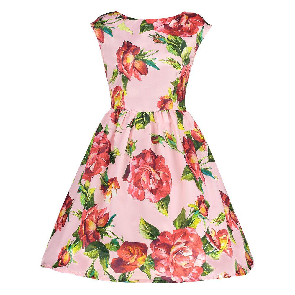 

Trendy Boat Neck Cap Sleeve Floral Print A-line Zipper Women Dress, Pink