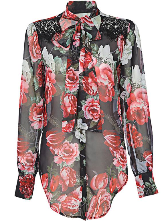 Trendy V Neck Vintage Style Floral imprimé laçage chemise pour les femmes - Noir / Rose XL