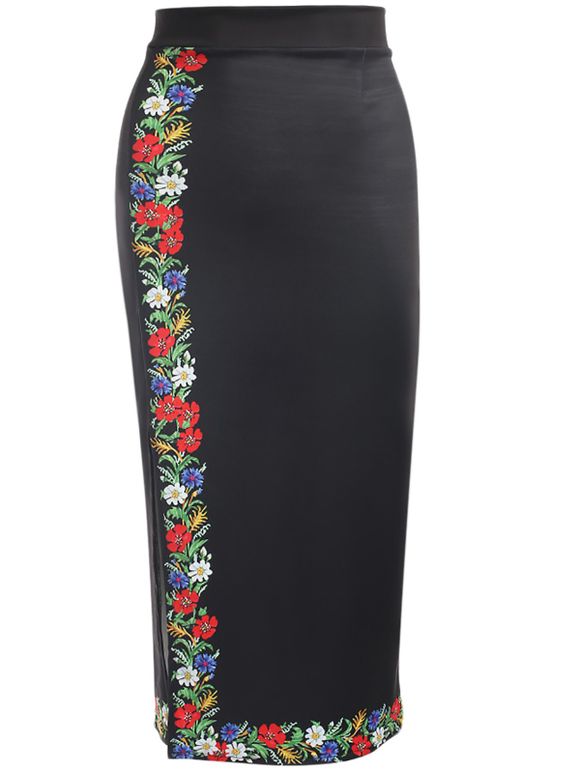 Trendy taille haute imprimé floral Slit Zipper femmes crayon jupe - Noir XL