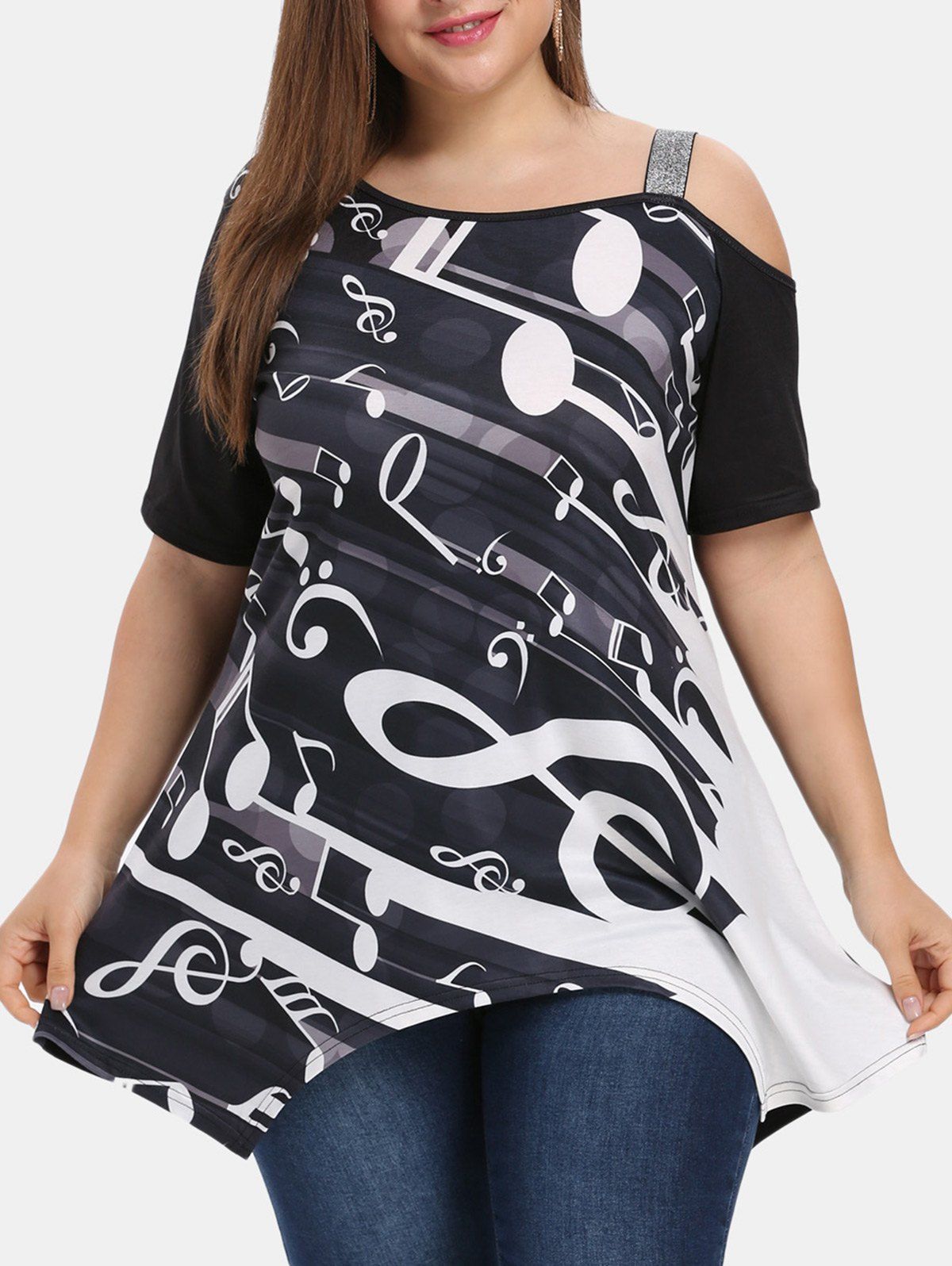 

Plus Size Skew Collar Short Sleeve Print Asymmetric T-shirt, Black