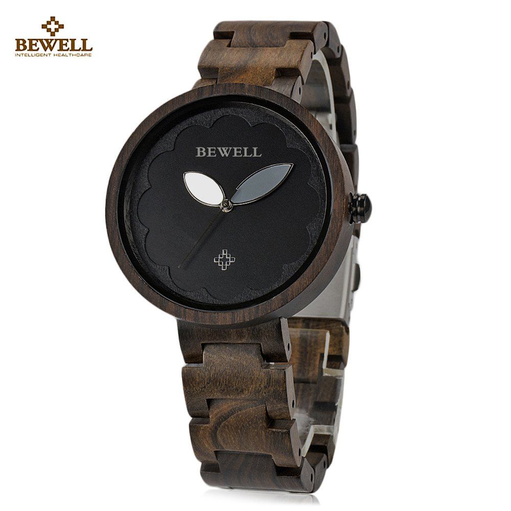 

BEWELL ZS - W152A Female Wooden Watch Bloom Dial Leaf Luminous Pointer Natural Wristwatch for Women, Black