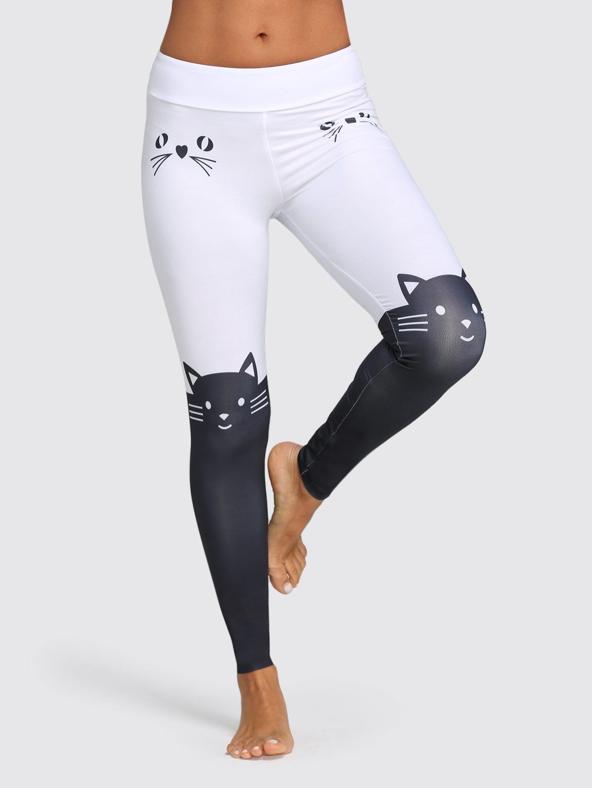 

Mid Waist Cat Print Color Blocking Skinny Pants, White