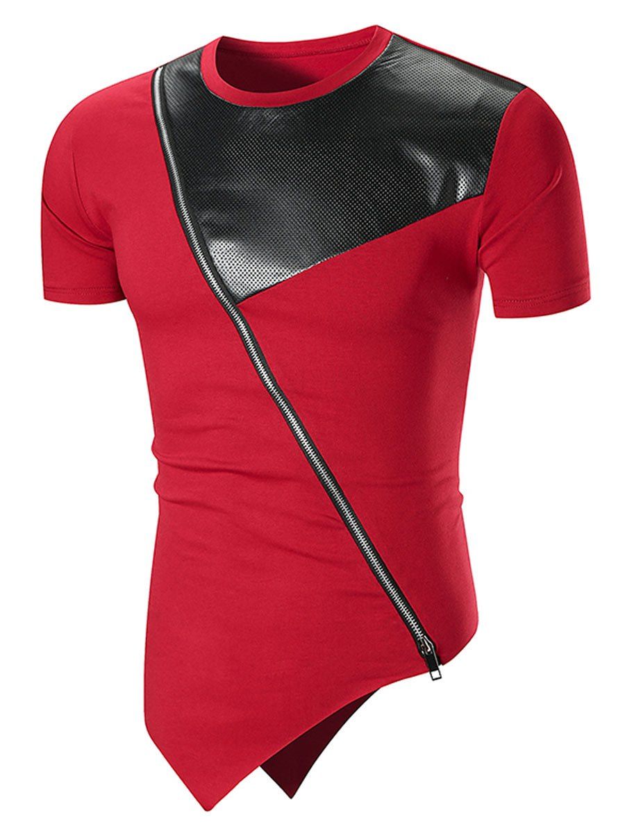 

2018 New Men's Leather Trend Stitching Fashion Oblique Hem Solid Color T-shirt, Red