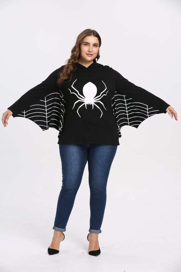 Capuche manches longues manches chauve-souris Spider Web Print Halloween Femmes Hoodie - Noir L