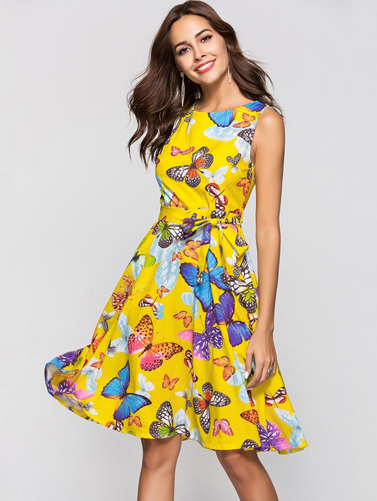 Round Collar Sleeveless Butterfly Print Belted A-line Dress - SUN YELLOW XL