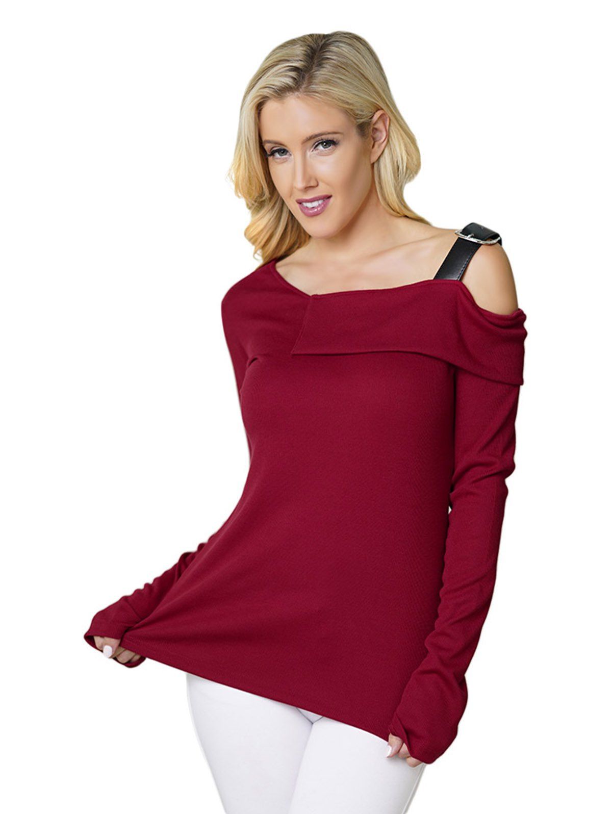 

Skew Neck Long Sleeve Spliced Strap Color Blouse, Red wine
