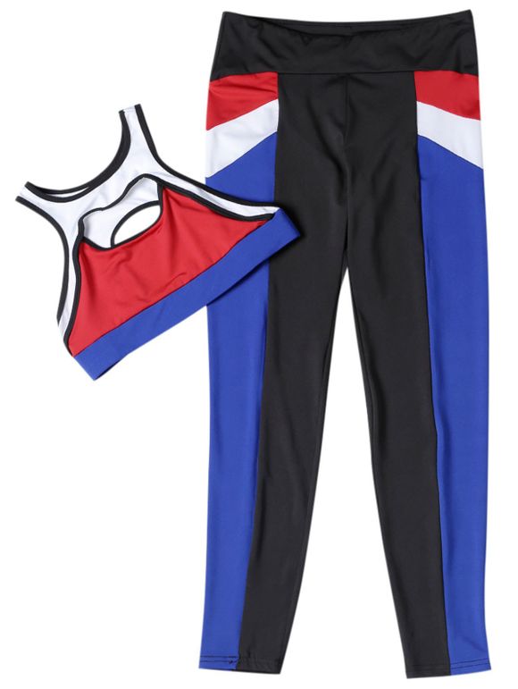 Costume de sport de yoga ajusté crop top long pantalon bloquant la couleur des vêtements de sport - multicolor M