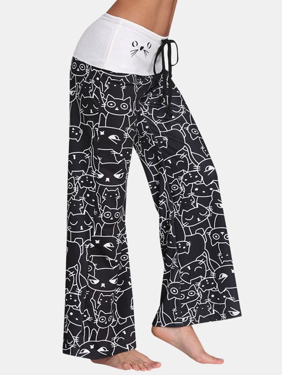 Pantalon Long à Jambes Larges Imprimé Chat à Taille Mi-haut avec Cordon - Noir 2XL
