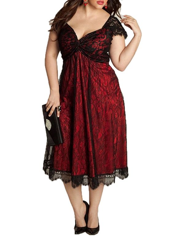 Robe gothique col en V élégante couture européenne et américaine de dentelle de grande taille - Rouge 4XL