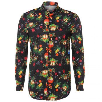 

Turn-down Collar Long Sleeve Christmas Print Button Slim Men Shirt, Black