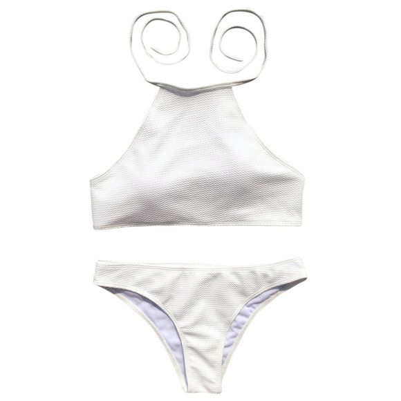 Halter Neck Backless Rembourré Couleur Unie Taille Basse Sexy Bikini Ensemble Femmes - Blanc L