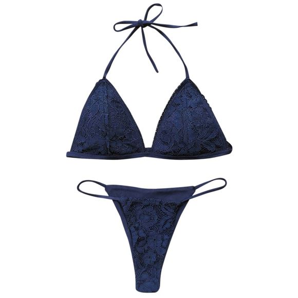 Halter Neck Backless Rembourré Dentelle Crochet Attaché Taille Basse Femmes Bikini Set - Bleu Marine M