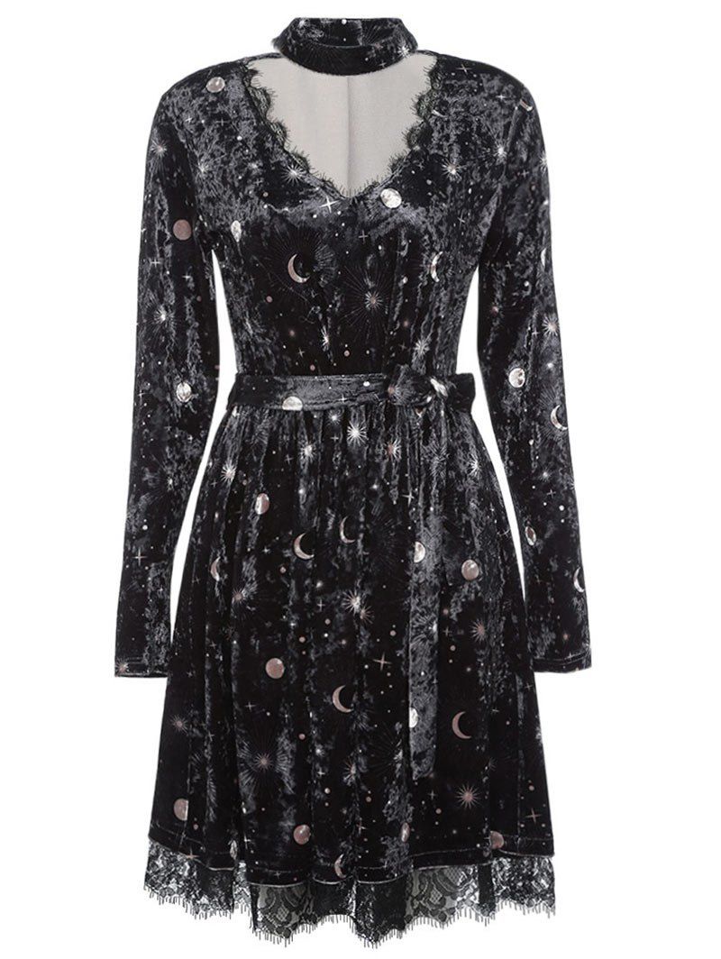 Trendy V Neck Long Sleeve Choker Spliced Lace Belted Moon Print Women Velour Dress - BLACK 2XL
