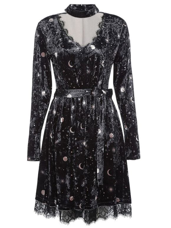 Trendy V Neck Long Sleeve RAS de cou épissé dentelle ceinturée Moon Print femmes robe en velours - Noir 2XL