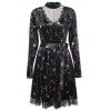 Trendy V Neck Long Sleeve RAS de cou épissé dentelle ceinturée Moon Print femmes robe en velours - Noir XL