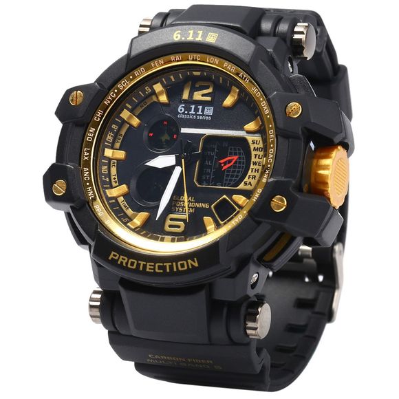 6.11 30014 Montre de Double Mouvement LED de Sports Multifonctionnelle pour Hommes - d'or 