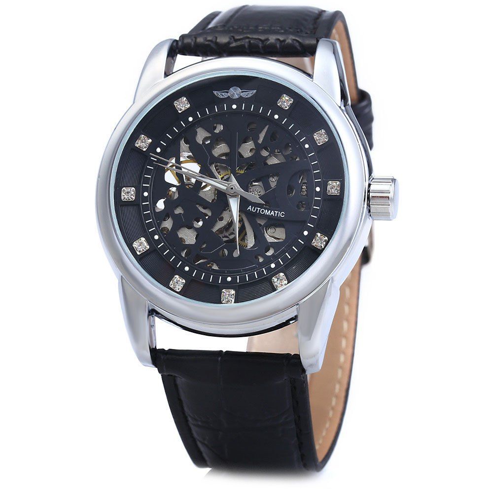 

Winner W045 Men Hollow Automatic Mechanical Watch with Leather Band Rhinestone Scales, Black silver
