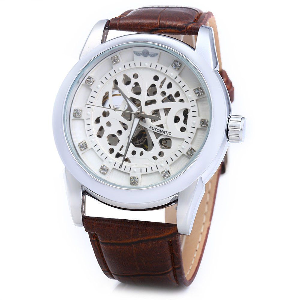 

Winner W045 Men Hollow Automatic Mechanical Watch with Leather Band Rhinestone Scales, White silver