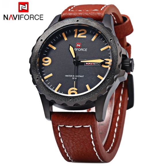 Naviforce 9039 Men Sports Watch Quartz Wristwatch Day Date Leather Strap - Noir et Brun 