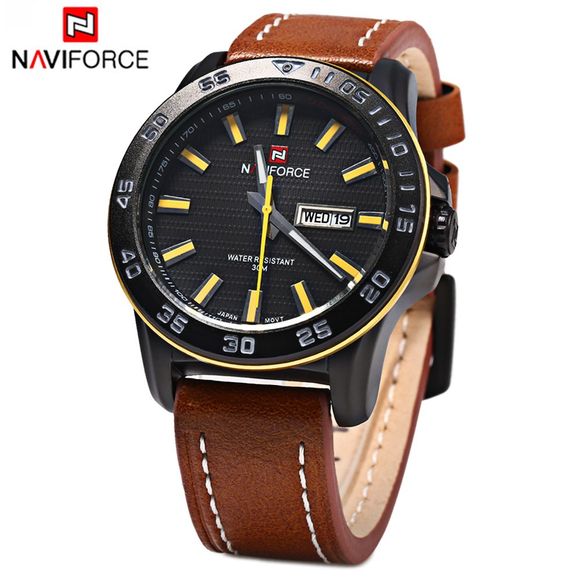 Naviforce 9040 Sports Men Quartz Watch Leather Band 30m Water Resistance - Jaune 