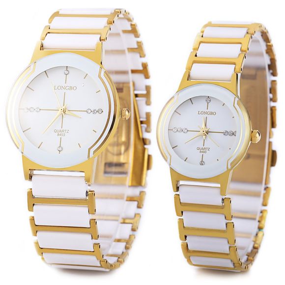 Longbo 8493 Couple Watches Quartz Wristwatch Stainless Steel Band - Blanc et Or 