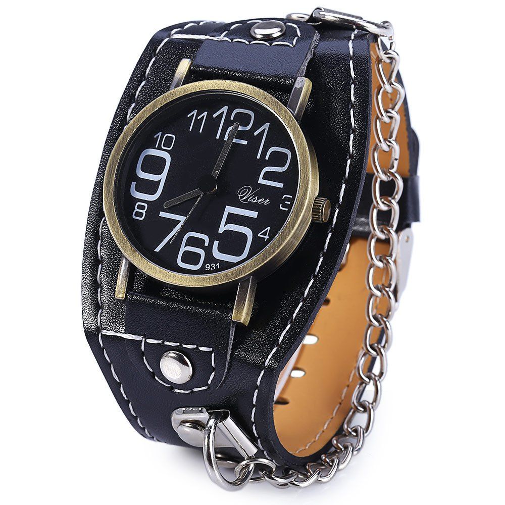 

Visec 931 Big Number Wide Leather Band Quartz Male Watch with Chain, Black