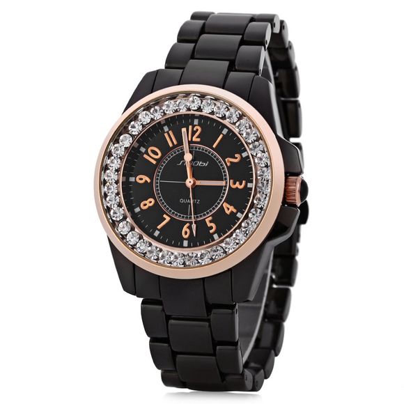 Sinobi 9390 Fashionable Male Ceramic Diamond Quartz Watch Round Dial Stainless Steel Strap - NOIR / OR 