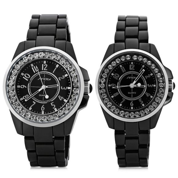 Sinobi 9390 Fashionable Couple Ceramic Diamond Quartz Watch Round Dial Stainless Steel Strap - BLACK / SILVER 