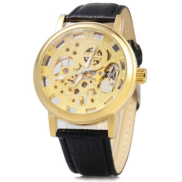 Hollow-out Dial Male Automatic Mechanical Movt Watch Leather Band - d'or 